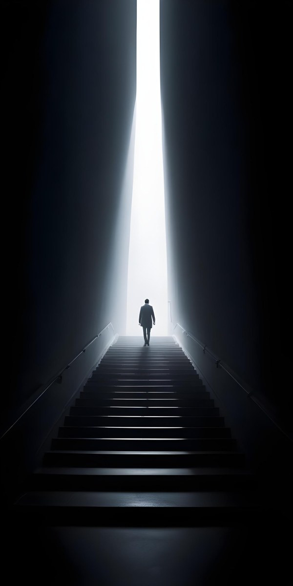 A Lone Person Walking Up A Long Dark Staircase Leading To A Bright Light At The Top In A Dimly Lit Environment 7 3fb8