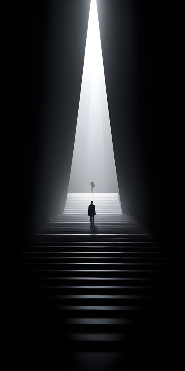 A Lone Person Walking Up A Long Dark Staircase Leading To A Bright Light At The Top In A Dimly Lit Environment 8 Addc