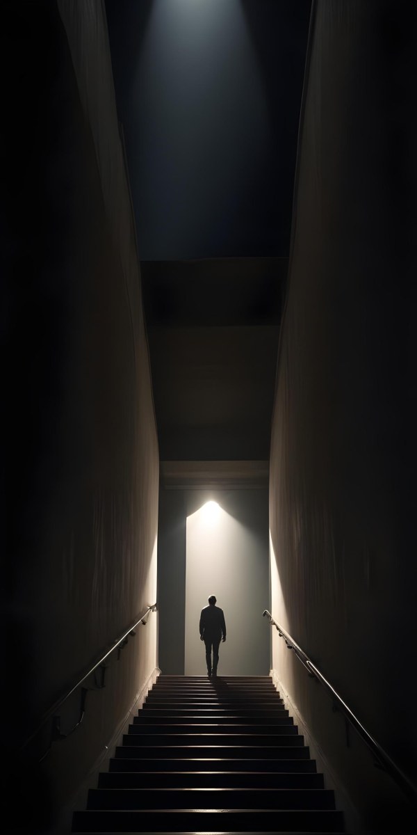 A Lone Person Walking Up A Long Dark Staircase Leading To A Bright Light At The Top In A Dimly Lit Environment 9 30cd