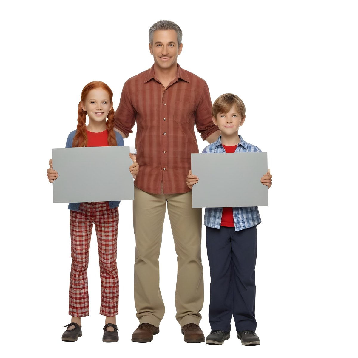 A Man And Two Children Are Standing Together Each Holding A Blank Gray Sign The Man Is Caucasian In His 30s With Short Gray Hair Wearing A Blue Shirt And Red Pants The Girl Around 8 Years Old Has Long Red Hair 11 4773
