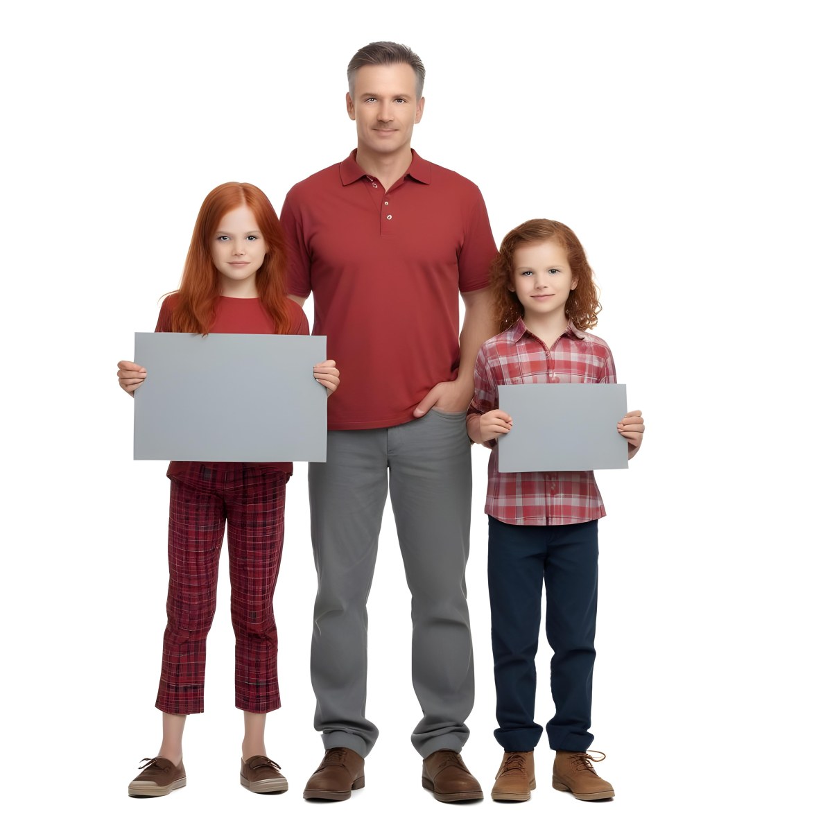 A Man And Two Children Are Standing Together Each Holding A Blank Gray Sign The Man Is Caucasian In His 30s With Short Gray Hair Wearing A Blue Shirt And Red Pants The Girl Around 8 Years Old Has Long Red Hair 17 9d34