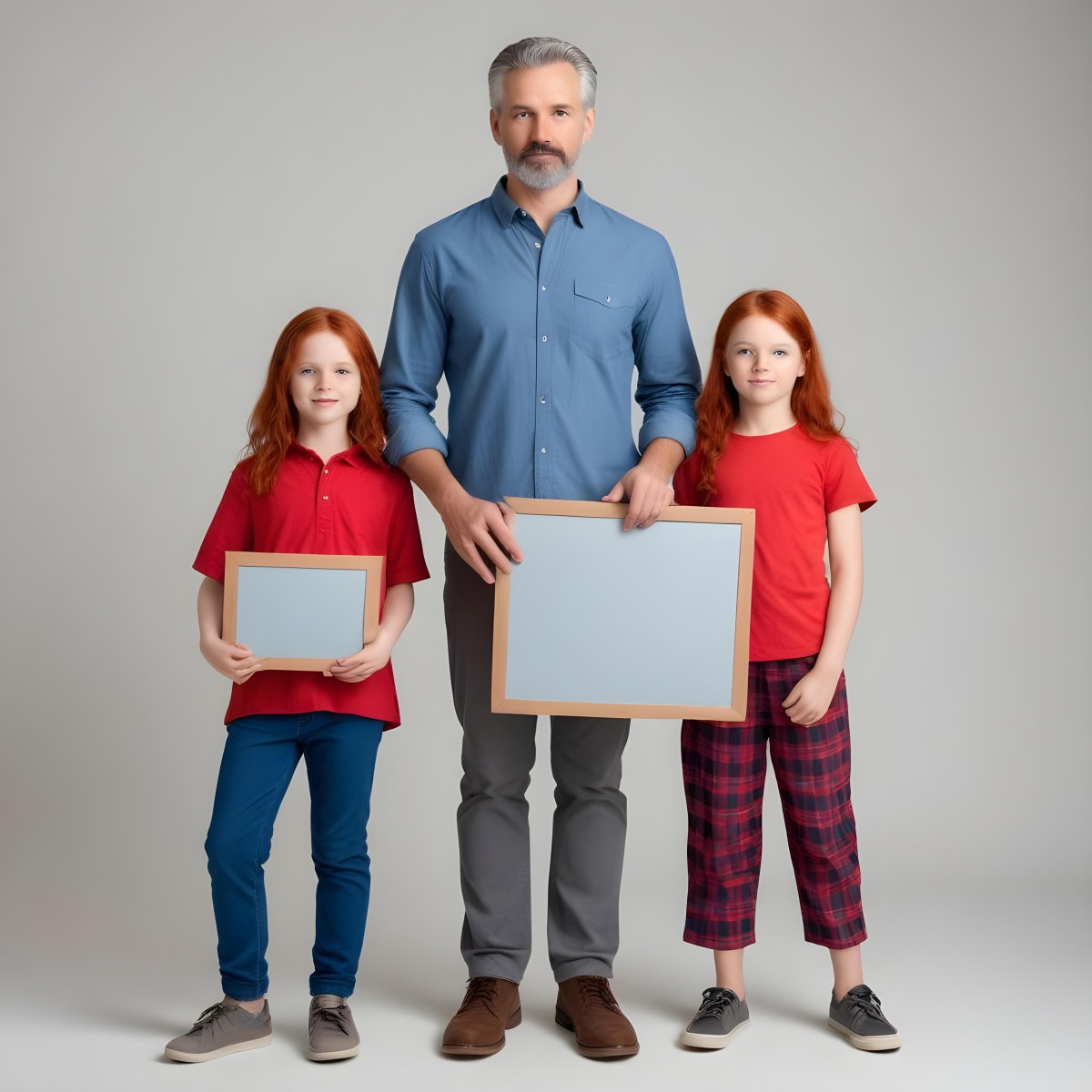A Man And Two Children Are Standing Together Each Holding A Blank Gray Sign The Man Is Caucasian In His 30s With Short Gray Hair Wearing A Blue Shirt And Red Pants The Girl Around 8 Years Old Has Long Red Hair 18 D31b
