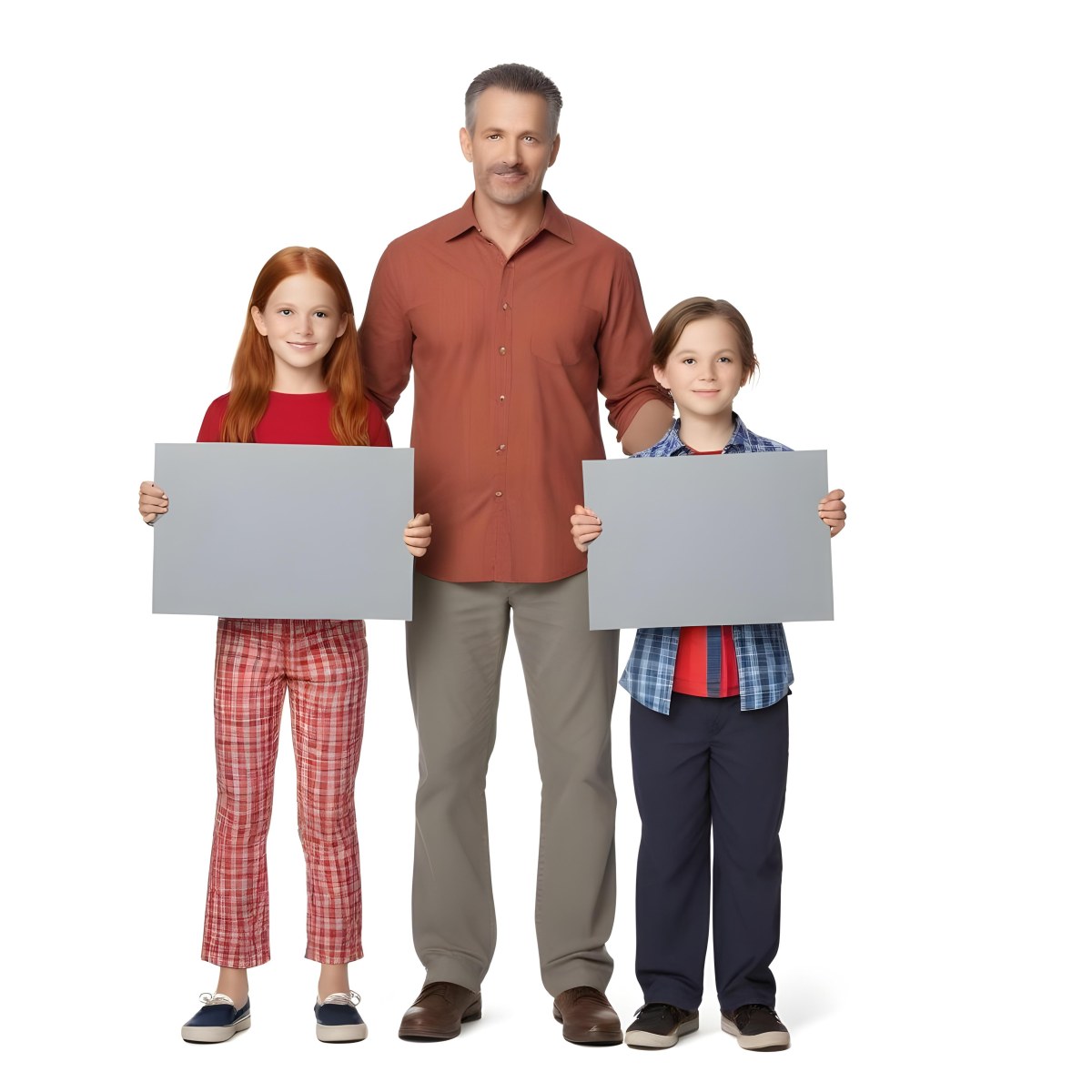 A Man And Two Children Are Standing Together Each Holding A Blank Gray Sign The Man Is Caucasian In His 30s With Short Gray Hair Wearing A Blue Shirt And Red Pants The Girl Around 8 Years Old Has Long Red Hair 22 A735
