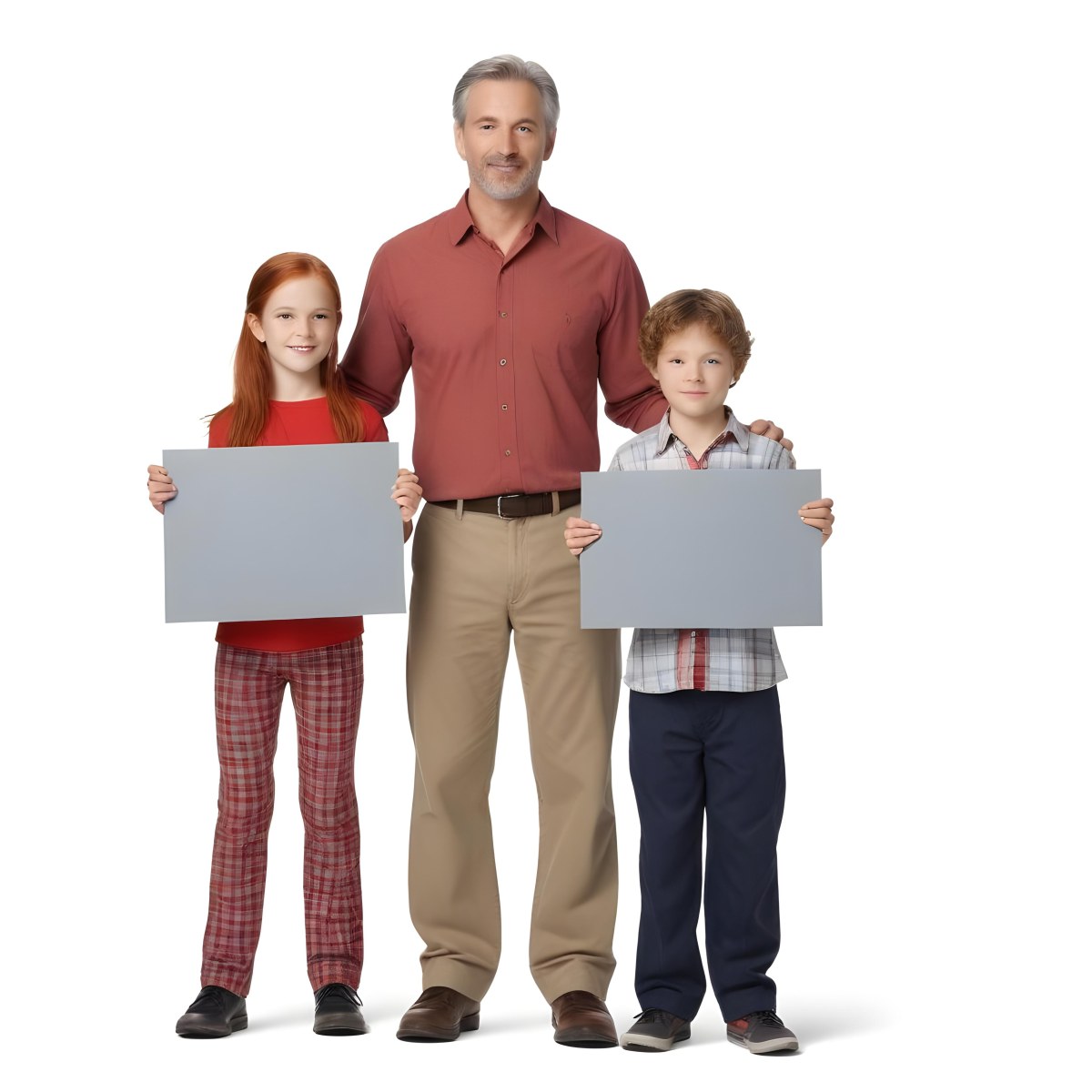 A Man And Two Children Are Standing Together Each Holding A Blank Gray Sign The Man Is Caucasian In His 30s With Short Gray Hair Wearing A Blue Shirt And Red Pants The Girl Around 8 Years Old Has Long Red Hair 25 7597