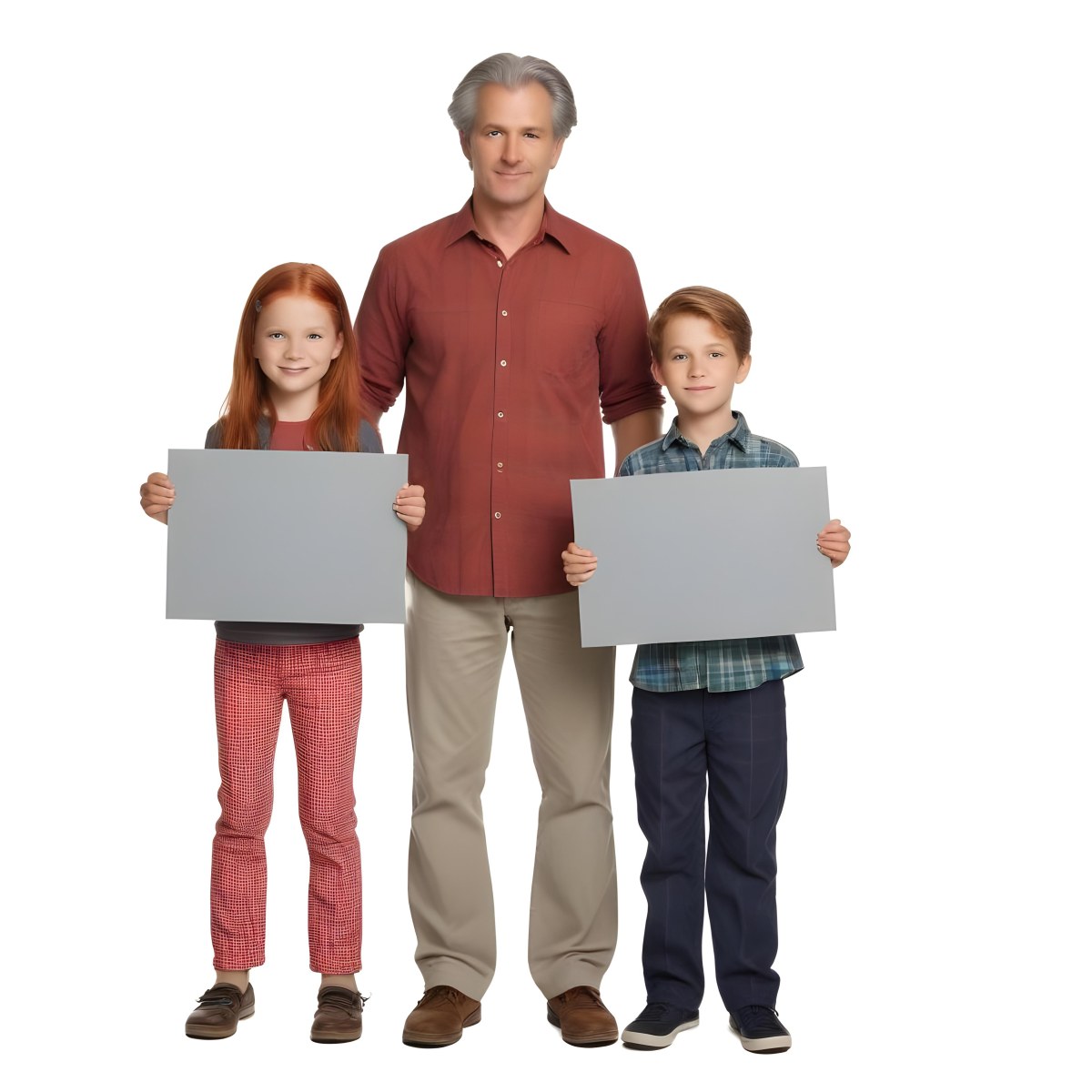 A Man And Two Children Are Standing Together Each Holding A Blank Gray Sign The Man Is Caucasian In His 30s With Short Gray Hair Wearing A Blue Shirt And Red Pants The Girl Around 8 Years Old Has Long Red Hair 26 9844
