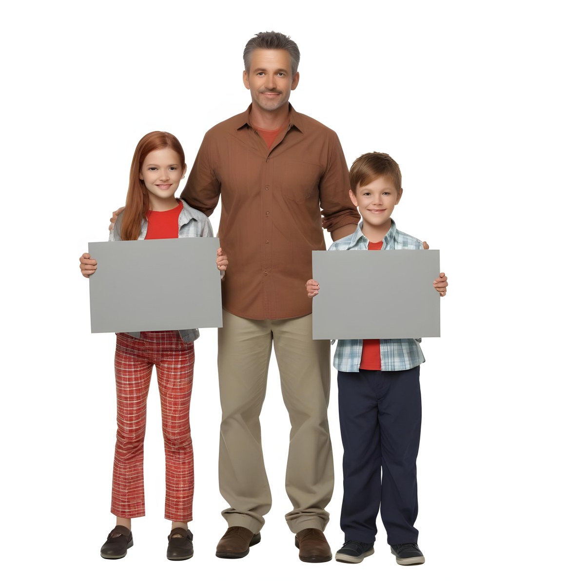 A Man And Two Children Are Standing Together Each Holding A Blank Gray Sign The Man Is Caucasian In His 30s With Short Gray Hair Wearing A Blue Shirt And Red Pants The Girl Around 8 Years Old Has Long Red Hair 3 B310