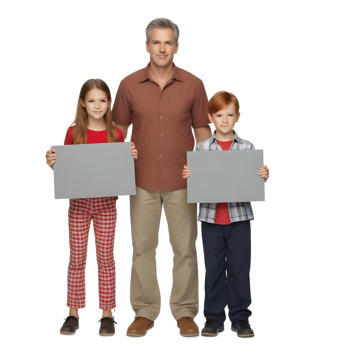 A Man And Two Children Are Standing Together Each Holding A Blank Gray Sign The Man Is Caucasian In His 30s With Short Gray Hair Wearing A Blue Shirt And Red Pants The Girl Around 8 Years Old Has Long Red Hair 30 517f