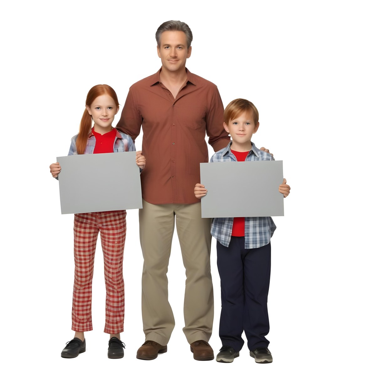 A Man And Two Children Are Standing Together Each Holding A Blank Gray Sign The Man Is Caucasian In His 30s With Short Gray Hair Wearing A Blue Shirt And Red Pants The Girl Around 8 Years Old Has Long Red Hair 31 8e60