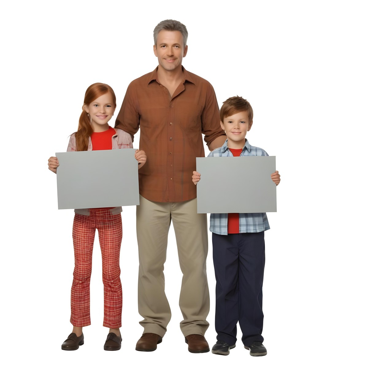 A Man And Two Children Are Standing Together Each Holding A Blank Gray Sign The Man Is Caucasian In His 30s With Short Gray Hair Wearing A Blue Shirt And Red Pants The Girl Around 8 Years Old Has Long Red Hair 5 0fb8