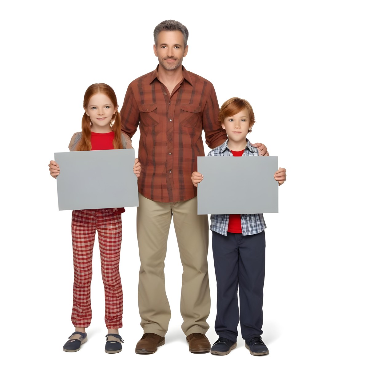 A Man And Two Children Are Standing Together Each Holding A Blank Gray Sign The Man Is Caucasian In His 30s With Short Gray Hair Wearing A Blue Shirt And Red Pants The Girl Around 8 Years Old Has Long Red Hair 8 2836