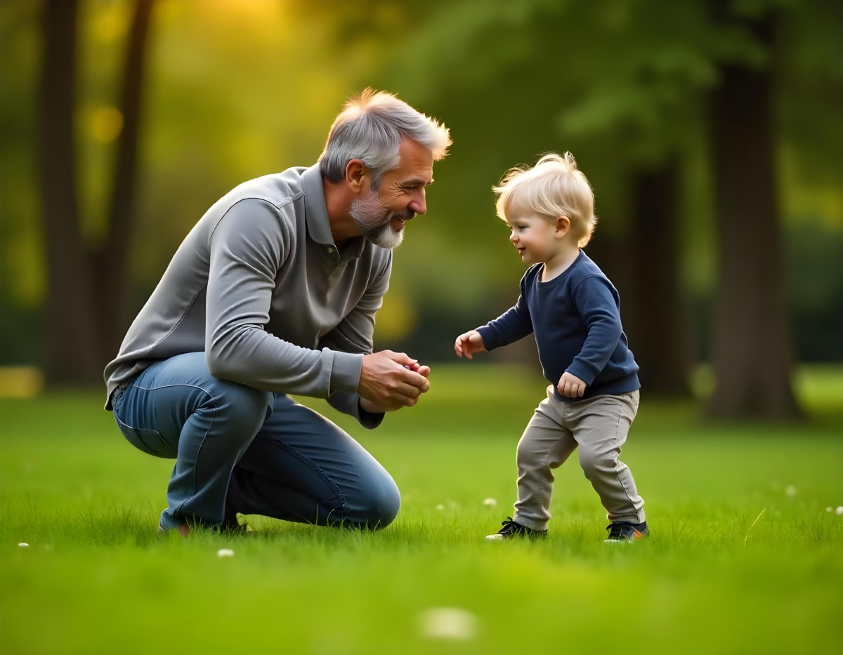 A Middle Aged Caucasian Man With Short Gray Hair Playing With A Young Caucasian Toddler Boy In A Grassy Outdoor Setting With Trees In The Background 3 8867