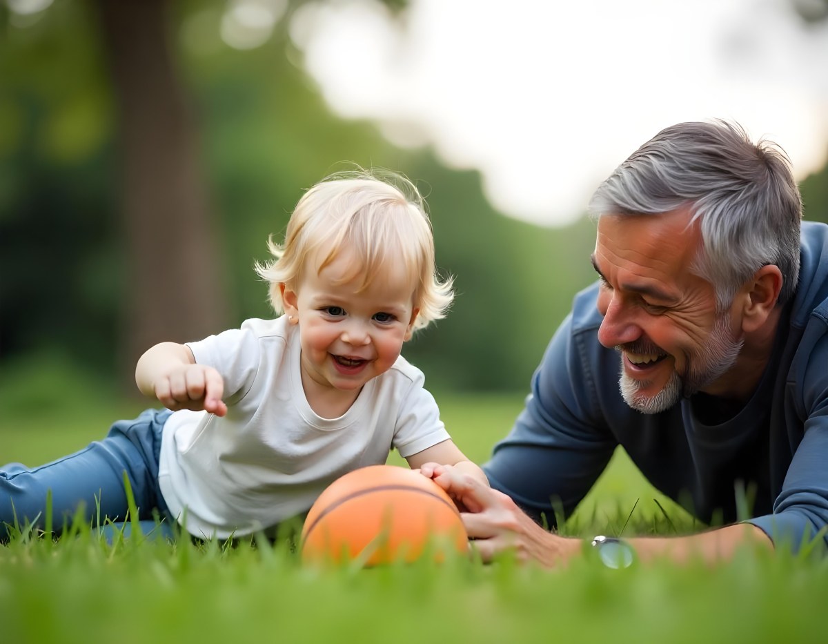 A Middle Aged Caucasian Man With Short Gray Hair Playing With A Young Caucasian Toddler Boy In A Grassy Outdoor Setting With Trees In The Background 4 7906