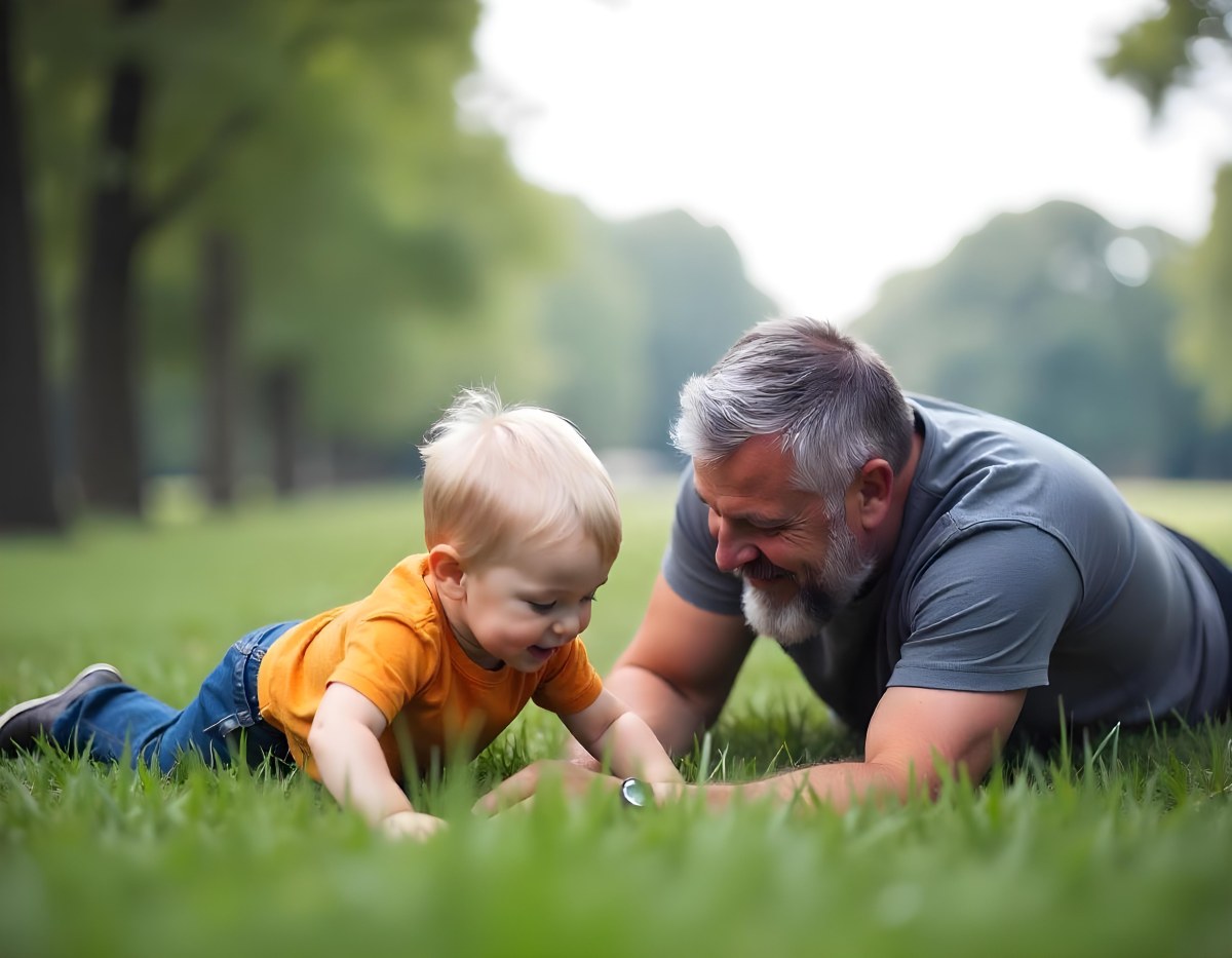 A Middle Aged Caucasian Man With Short Gray Hair Playing With A Young Caucasian Toddler Boy In A Grassy Outdoor Setting With Trees In The Background 5 63e1