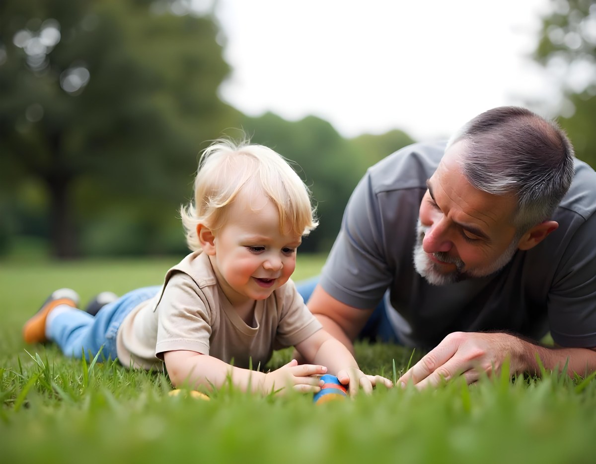 A Middle Aged Caucasian Man With Short Gray Hair Playing With A Young Caucasian Toddler Boy In A Grassy Outdoor Setting With Trees In The Background 6 4d6f