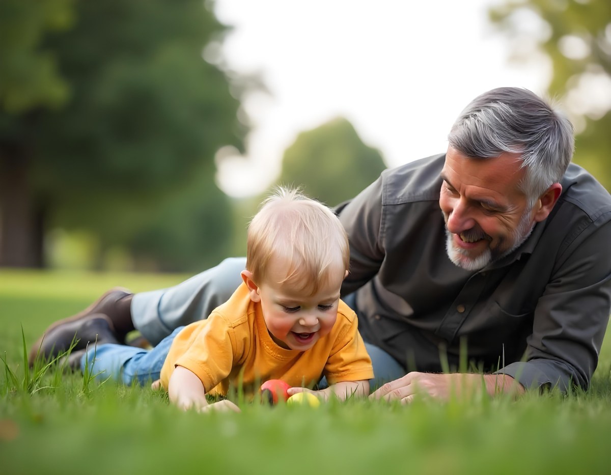 A Middle Aged Caucasian Man With Short Gray Hair Playing With A Young Caucasian Toddler Boy In A Grassy Outdoor Setting With Trees In The Background 8 E85f
