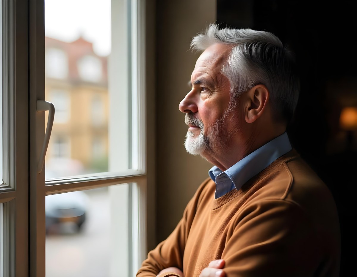 A Middle Aged Caucasian Man With Short Gray Hair Standing By A Window In A Bedroom Looking Outside At A Cityscape During Daytime 3 D7ea