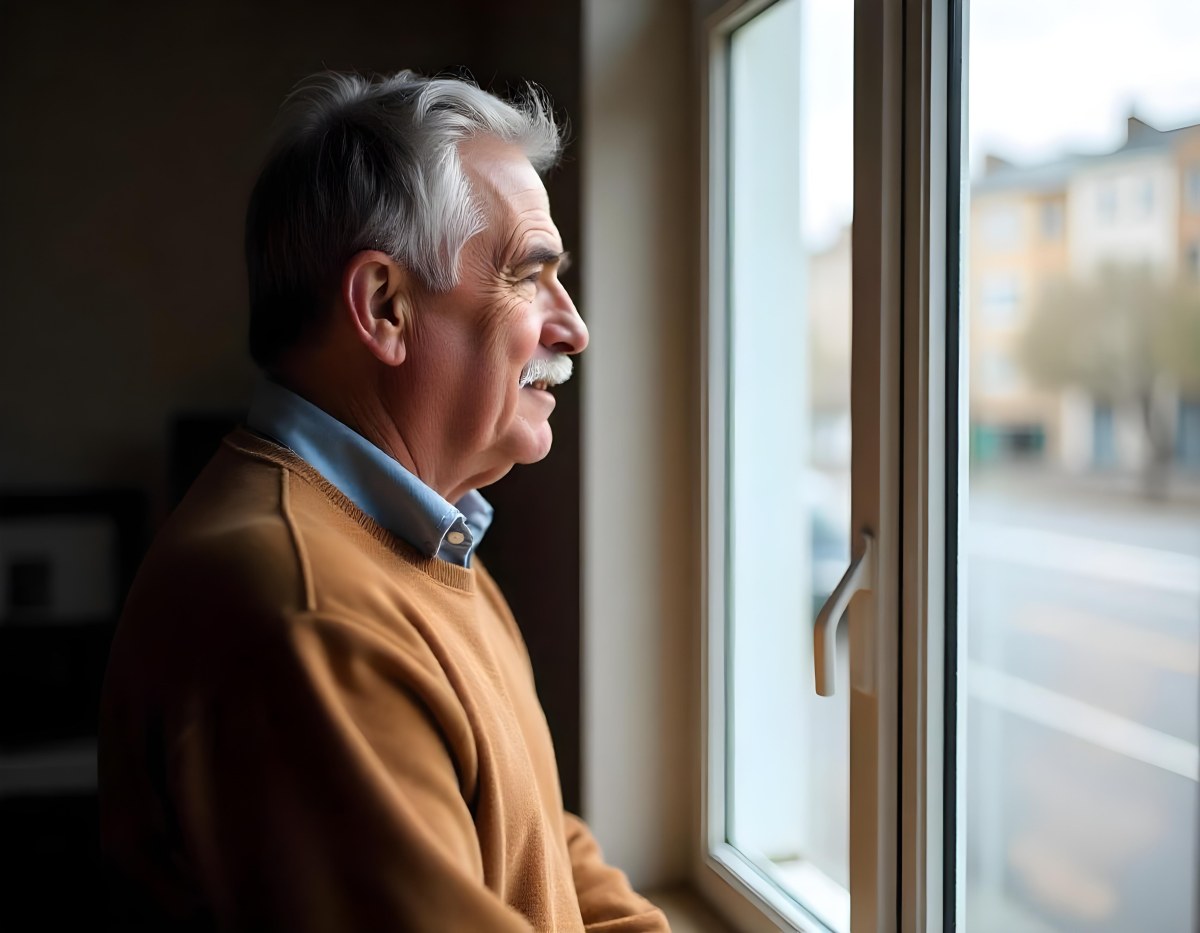 A Middle Aged Caucasian Man With Short Gray Hair Standing By A Window In A Bedroom Looking Outside At A Cityscape During Daytime 5 1f21