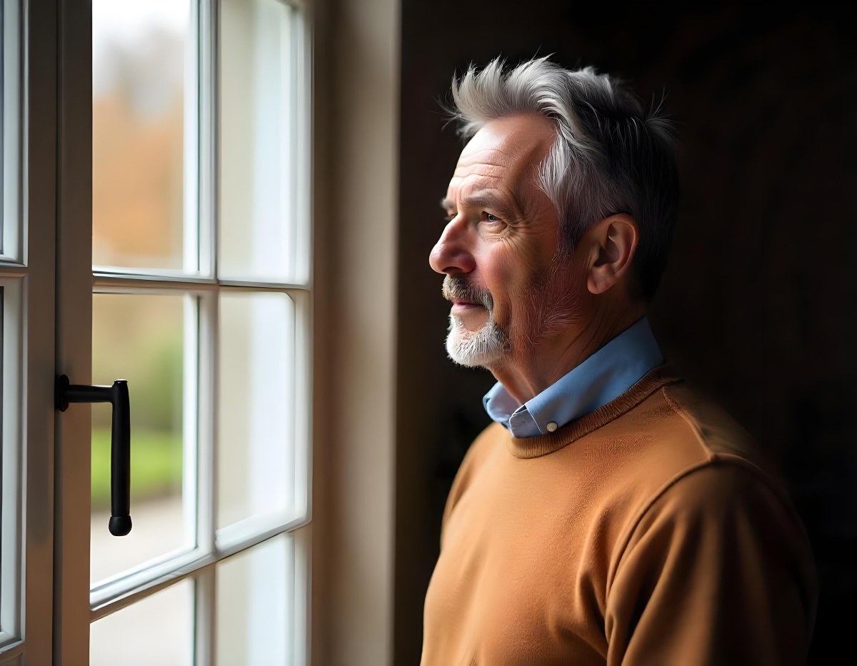 A Middle Aged Caucasian Man With Short Gray Hair Standing By A Window In A Bedroom Looking Outside At A Cityscape During Daytime 7 3a05