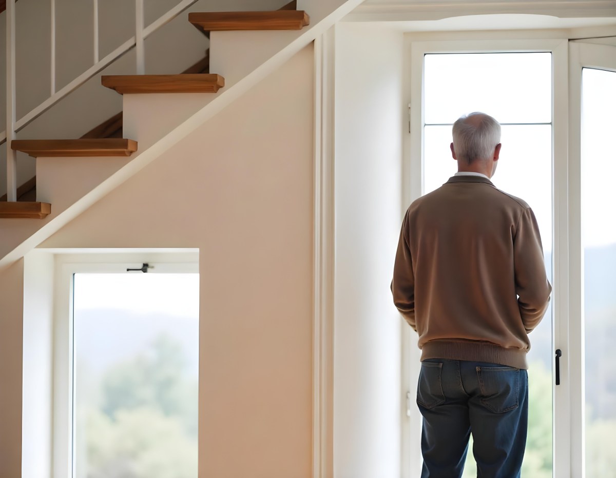 A Middle Aged Caucasian Man With Short Gray Hair Standing By A Window In A Bedroom Looking Outside At A Cityscape During Daytime 9 F453