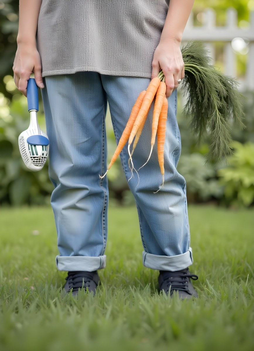 A Middle Aged Caucasian Woman With Long Blonde Hair Wearing A Denim Shirt Holding A Bunch Of Fresh Carrots In A Garden Setting 5 F746