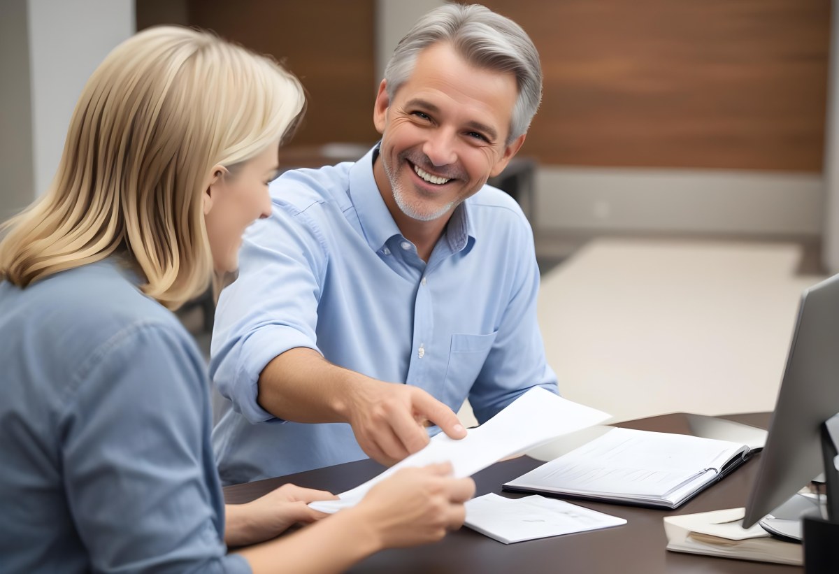 A Middle Aged Man With Short Gray Hair And A Friendly Smile Sitting At A Table And Discussing Documents With A Middle Aged Caucasian Woman In A Brightly Lit Office 1 C076