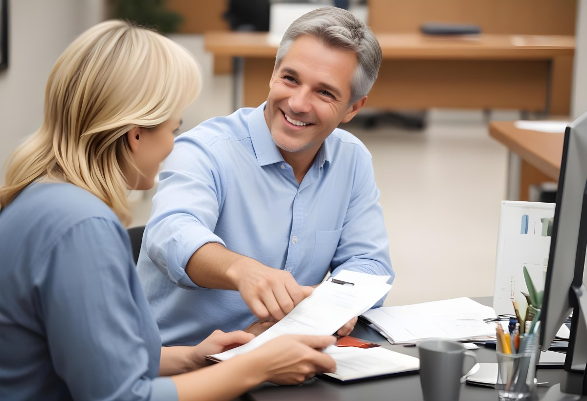 A Middle Aged Man With Short Gray Hair And A Friendly Smile Sitting At A Table And Discussing Documents With A Middle Aged Caucasian Woman In A Brightly Lit Office 2 223b