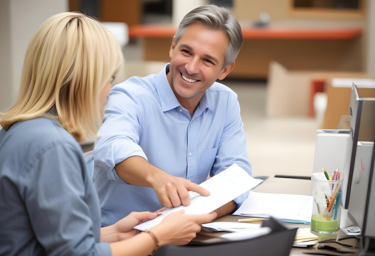 A Middle Aged Man With Short Gray Hair And A Friendly Smile Sitting At A Table And Discussing Documents With A Middle Aged Caucasian Woman In A Brightly Lit Office 5 625e