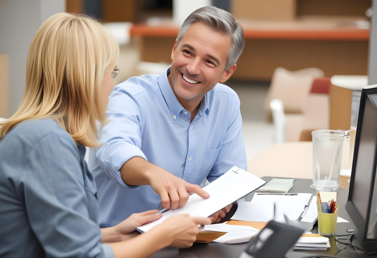 A Middle Aged Man With Short Gray Hair And A Friendly Smile Sitting At A Table And Discussing Documents With A Middle Aged Caucasian Woman In A Brightly Lit Office 6 F798