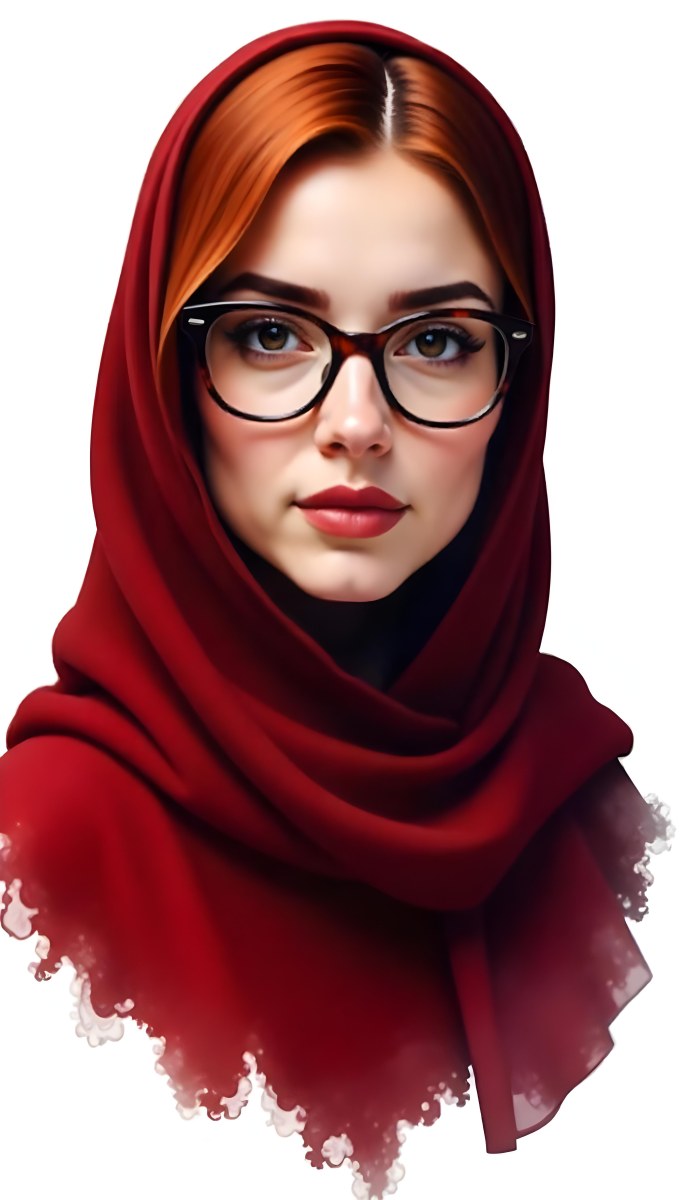 A Middle Eastern Woman 24 Years Old With Red Hair Wearing A Red Hijab And Glasses Brown Lipstick In A White Background 81 36c6