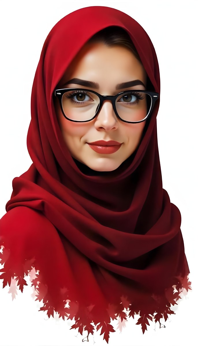 A Middle Eastern Woman 24 Years Old With Red Hair Wearing A Red Hijab And Glasses Brown Lipstick In A White Background 82 1466