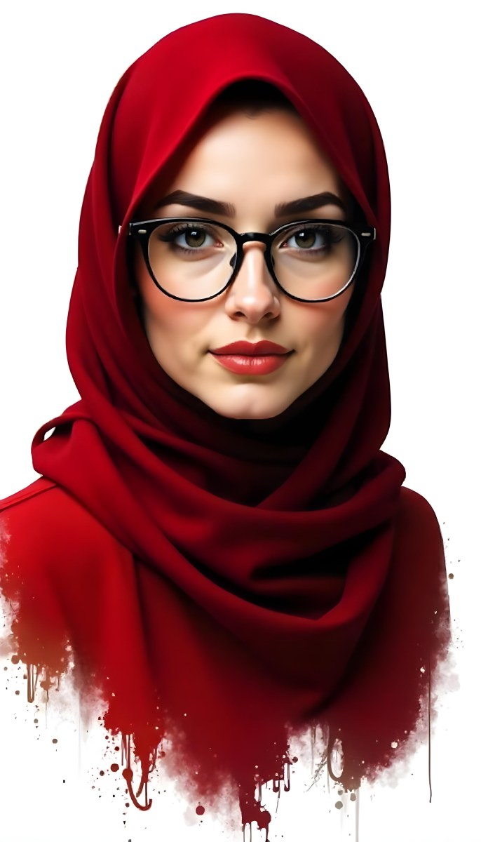 A Middle Eastern Woman 24 Years Old With Red Hair Wearing A Red Hijab And Glasses Brown Lipstick In A White Background 84 C273