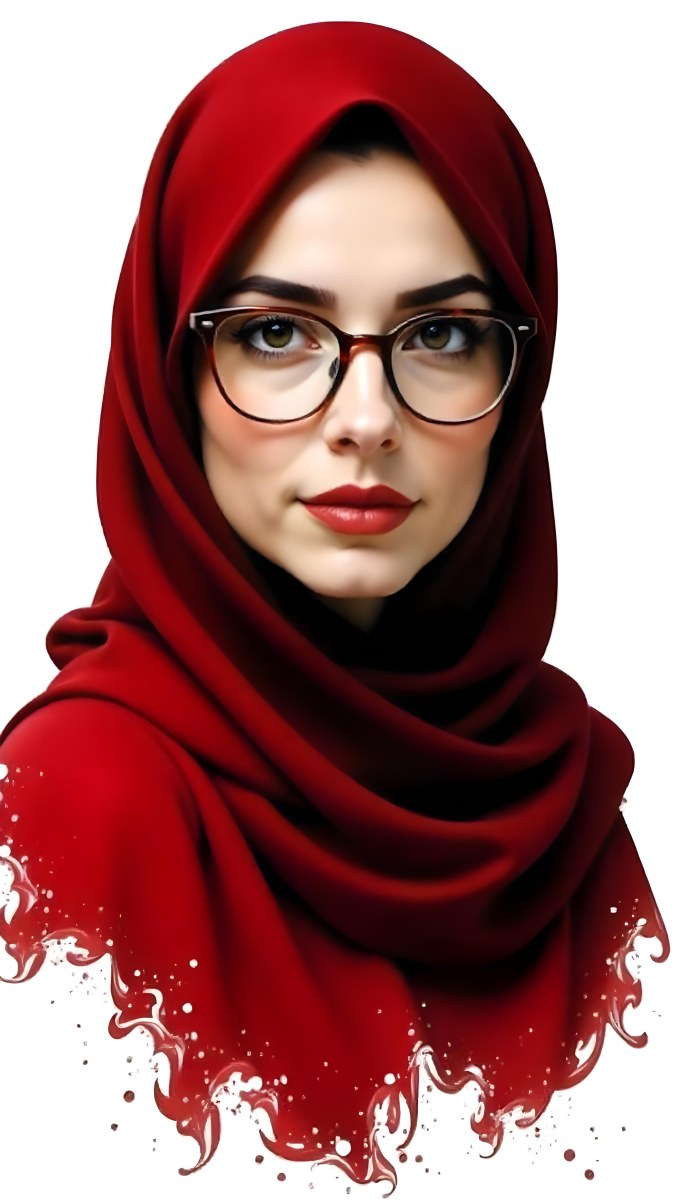 A Middle Eastern Woman 24 Years Old With Red Hair Wearing A Red Hijab And Glasses Brown Lipstick In A White Background 85 6051