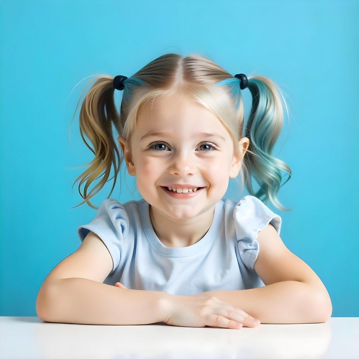 A White Girl 8 Years Old With Blue Hair In Pigtails Smiling Looking At The Viewer In Front Of A White Table And A Blue Background 12 549a
