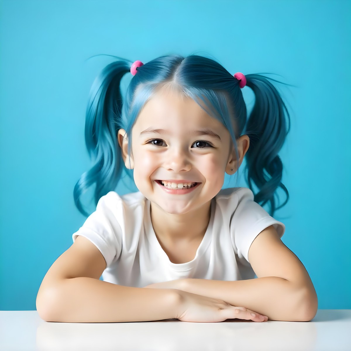 A White Girl 8 Years Old With Blue Hair In Pigtails Smiling Looking At The Viewer In Front Of A White Table And A Blue Background 16 66e7