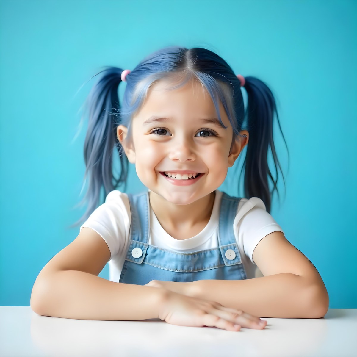 A White Girl 8 Years Old With Blue Hair In Pigtails Smiling Looking At The Viewer In Front Of A White Table And A Blue Background 18 507f