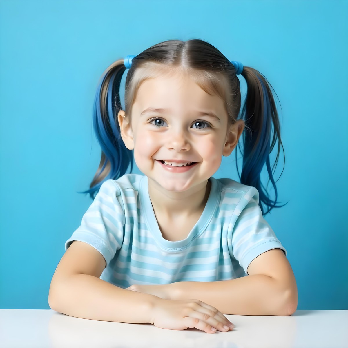 A White Girl 8 Years Old With Blue Hair In Pigtails Smiling Looking At The Viewer In Front Of A White Table And A Blue Background 35 8083