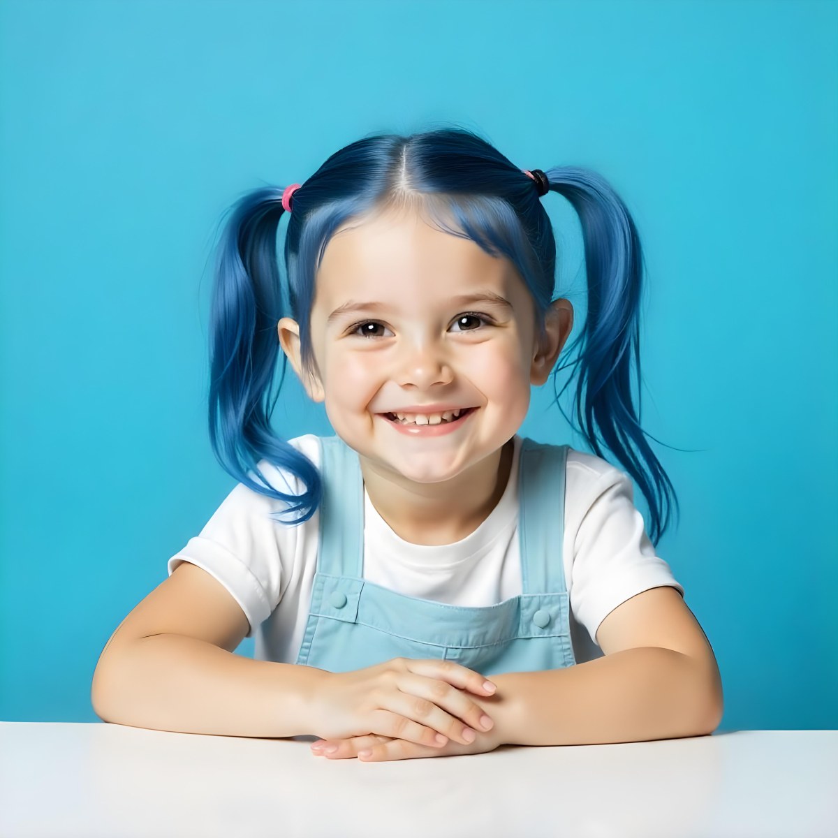 A White Girl 8 Years Old With Blue Hair In Pigtails Smiling Looking At The Viewer In Front Of A White Table And A Blue Background 37 329f
