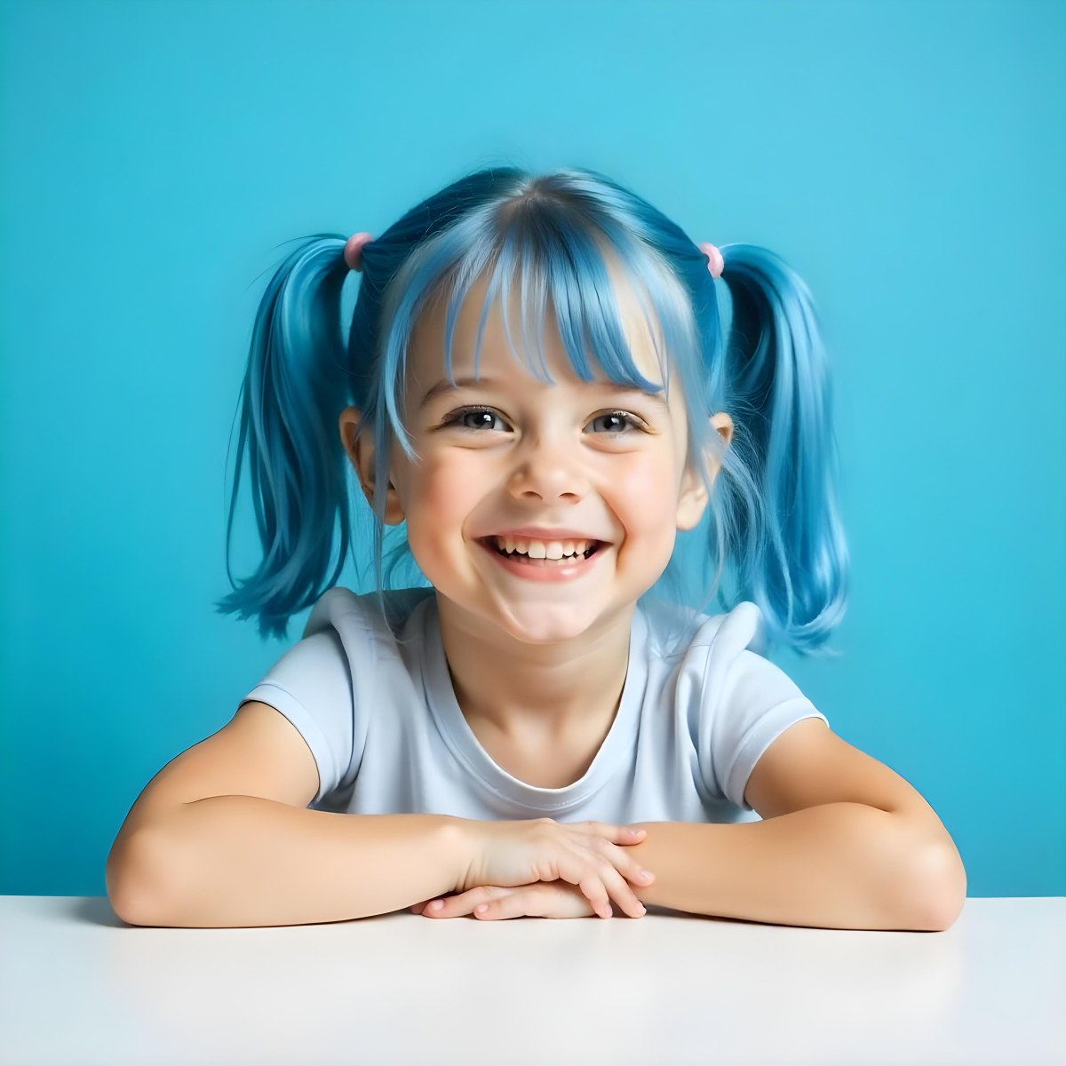 A White Girl 8 Years Old With Blue Hair In Pigtails Smiling Looking At The Viewer In Front Of A White Table And A Blue Background 39 8bde