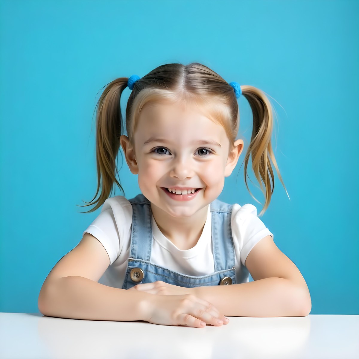 A White Girl 8 Years Old With Blue Hair In Pigtails Smiling Looking At The Viewer In Front Of A White Table And A Blue Background 6 Bb64