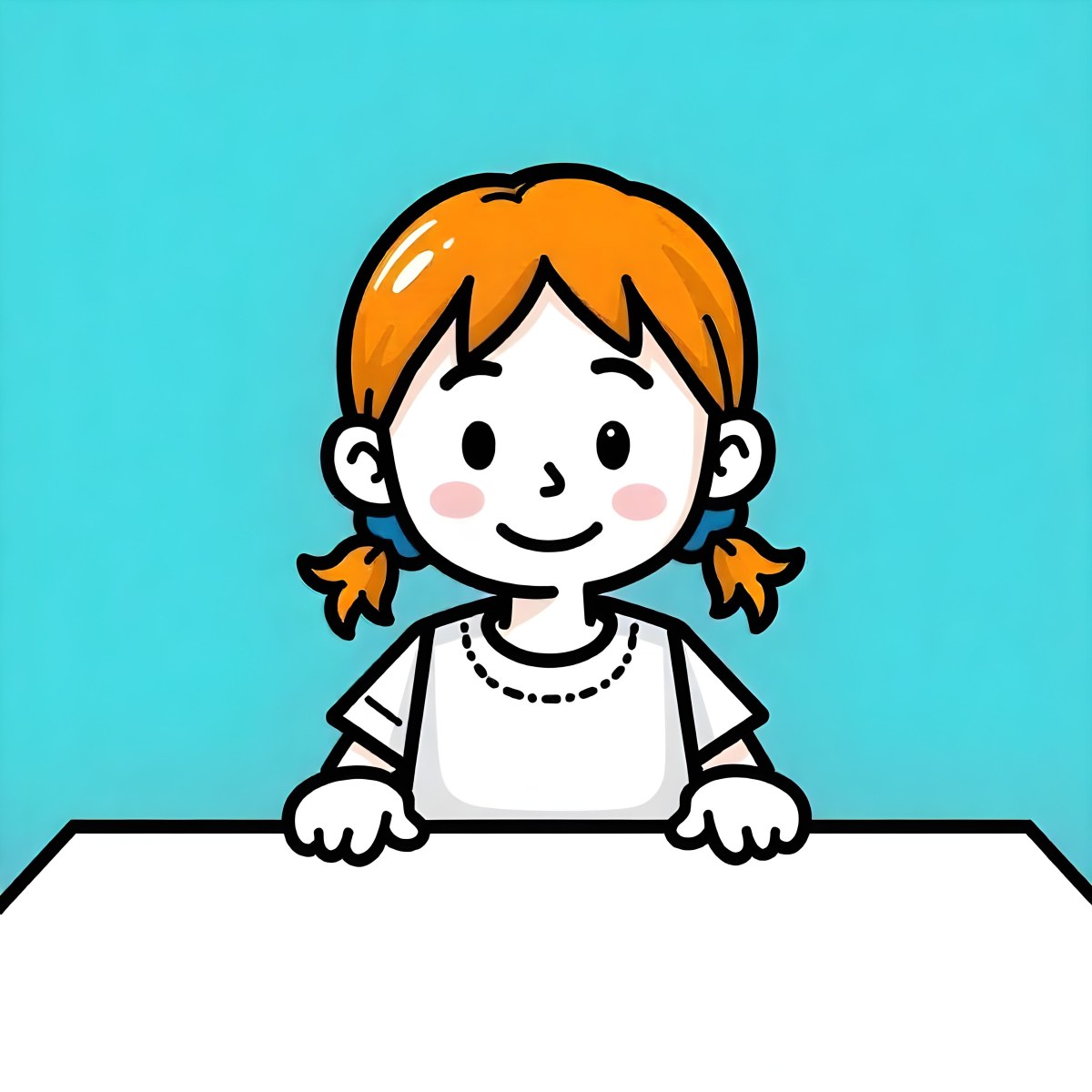 A White Girl 8 Years Old With Blue Hair In Pigtails Smiling Looking At The Viewer In Front Of A White Table And A Blue Background 9 0bd0