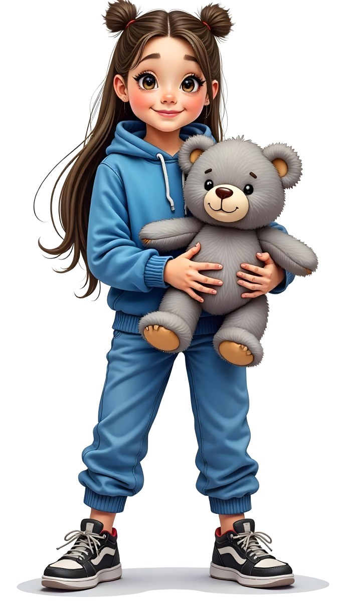 A White Girl Age 10 Long Brown Hair Blue Hoodie And Blue Pants Holding A Gray Teddy Bear In A White Background 14 2d53