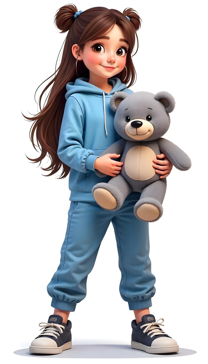 A White Girl Age 10 Long Brown Hair Blue Hoodie And Blue Pants Holding A Gray Teddy Bear In A White Background 2 0043
