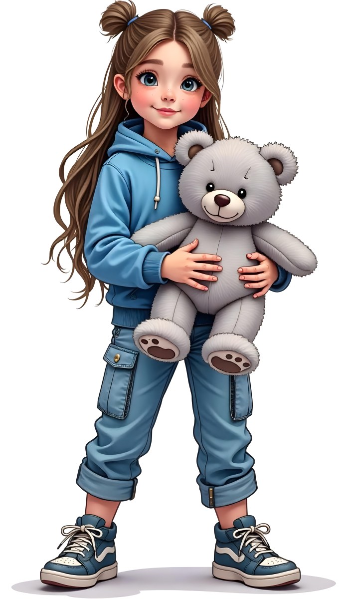 A White Girl Age 10 Long Brown Hair Blue Hoodie And Blue Pants Holding A Gray Teddy Bear In A White Background 23 1ed8