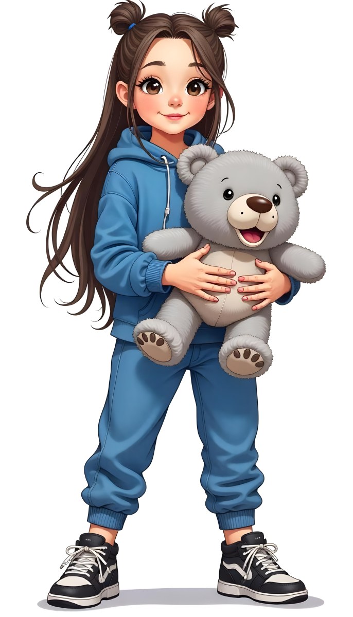 A White Girl Age 10 Long Brown Hair Blue Hoodie And Blue Pants Holding A Gray Teddy Bear In A White Background 31 D06d