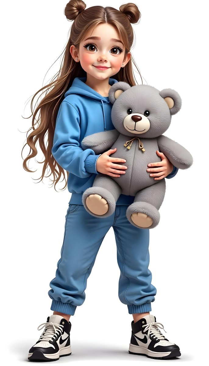 A White Girl Age 10 Long Brown Hair Blue Hoodie And Blue Pants Holding A Gray Teddy Bear In A White Background 34 1241