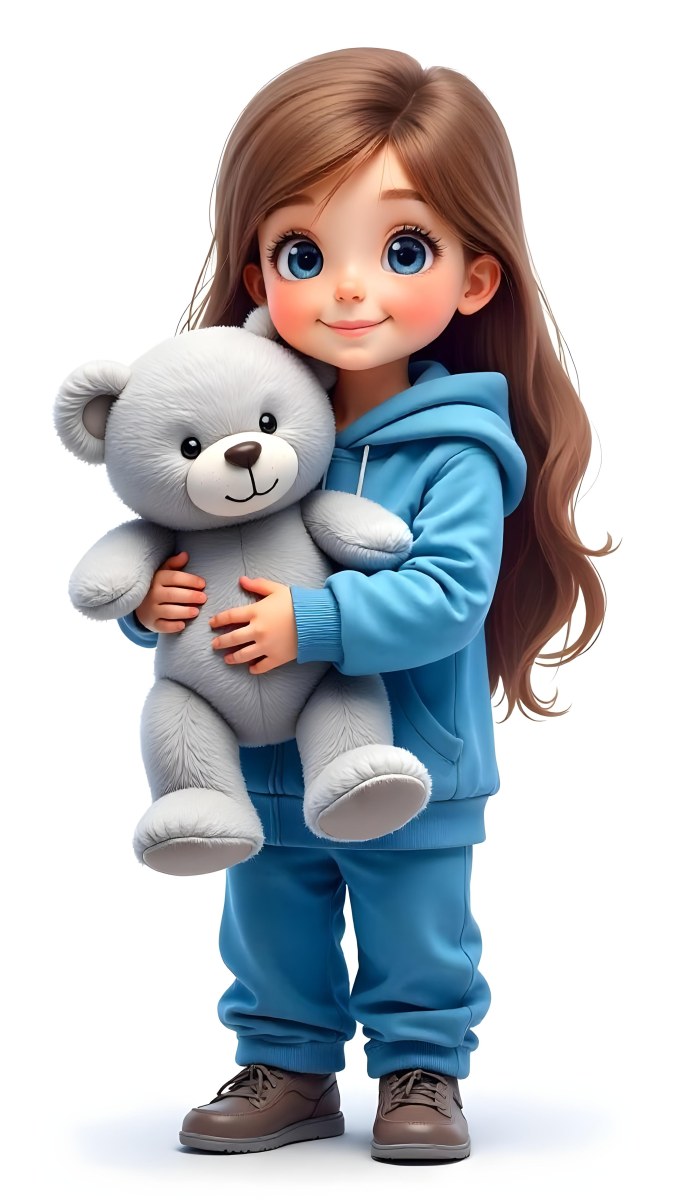 A White Girl Age 10 Long Brown Hair Blue Hoodie And Blue Pants Holding A Gray Teddy Bear In A White Background 36 B9ee