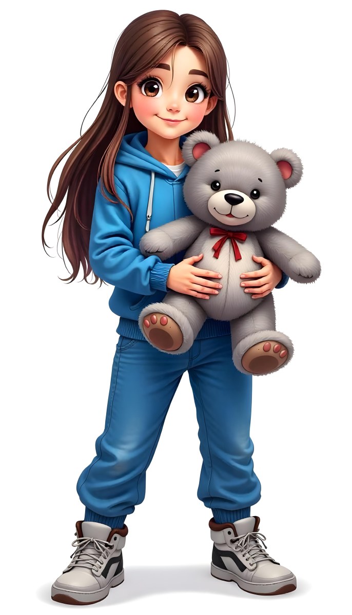 A White Girl Age 10 Long Brown Hair Blue Hoodie And Blue Pants Holding A Gray Teddy Bear In A White Background 37 7321