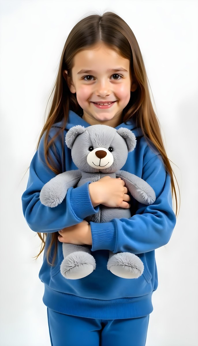 A White Girl Age 10 Long Brown Hair Blue Hoodie And Blue Pants Holding A Gray Teddy Bear In A White Background 38 120d