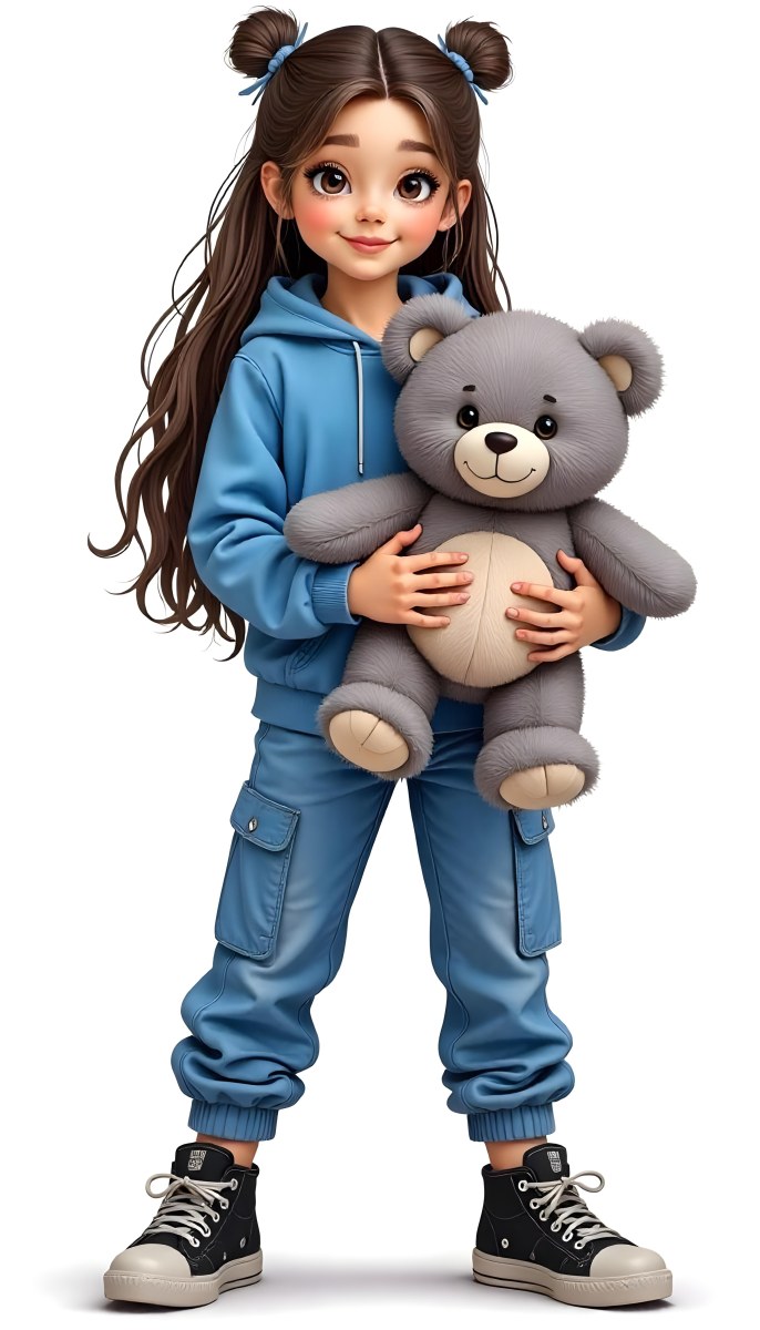 A White Girl Age 10 Long Brown Hair Blue Hoodie And Blue Pants Holding A Gray Teddy Bear In A White Background 39 24fc