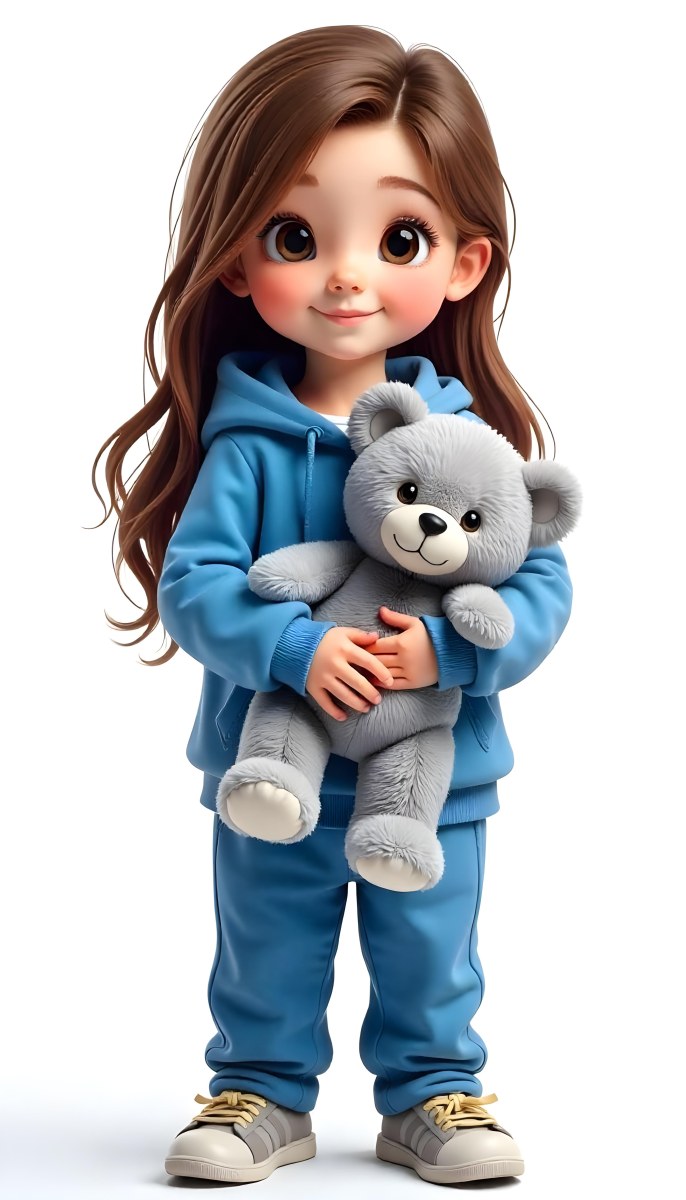 A White Girl Age 10 Long Brown Hair Blue Hoodie And Blue Pants Holding A Gray Teddy Bear In A White Background 4 C934
